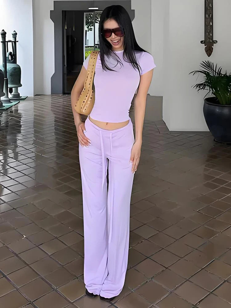 Casual Simple Style 2 Piece Set Woman Summer Trend o-Neck Short Sleeve T-Shirts+Drawstring Straight Pants Streetwear