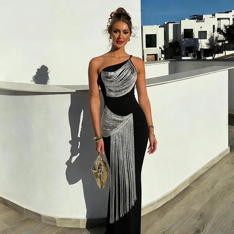 One Shoulder Backless Fringed Long Dresses Black Gowns Elegant Sexy Woman Birthday Dresses