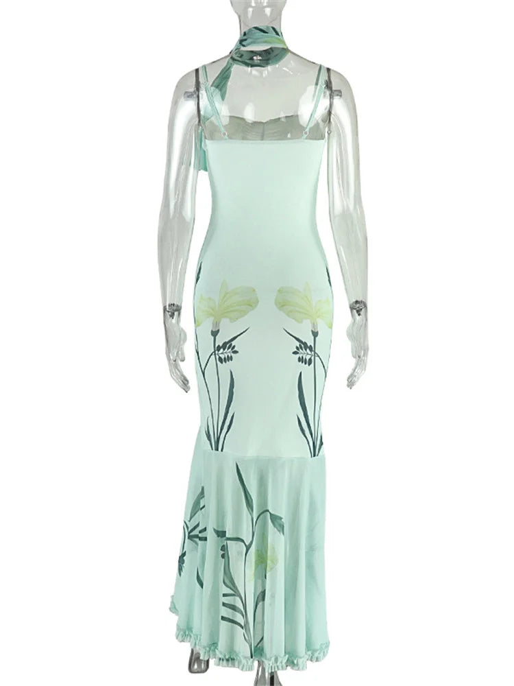 Floral Print Sling Dress+Mesh Scarf Women Sexy Hollow Sleeveless Wrap Buttocks Ruffle Hem Ruched Elegant Long Bodycon