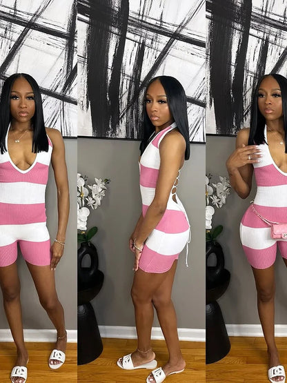 Sexy Halter Rompers Women Tight Stripe Patchwork Backless Shirring Stretchy Sporty Body-Shaping Clubwear Playsuit