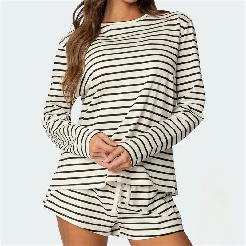 Women Striped Loungewear 2 Piece Casual Sleepwear Set Female Long Sleeve T shirt and Shorts Comfy Casual Homewear