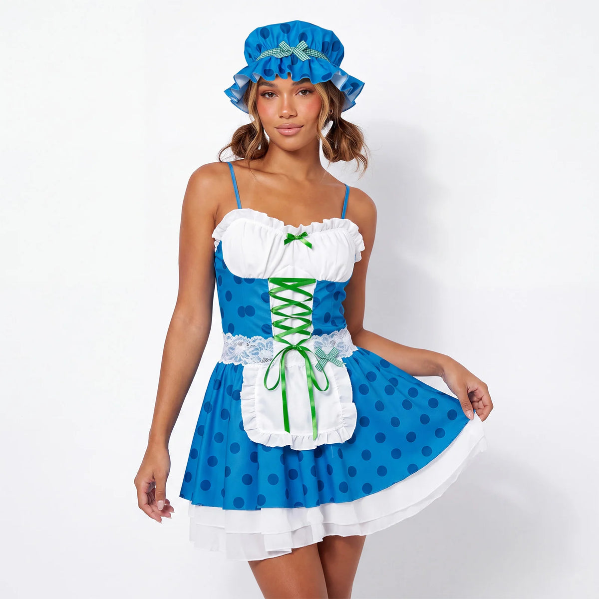 Women German Bavarian Dirndl Costume Polka Dot Beer Maid Mini Dress Ruffled Apron Hat Set German Carnival Party Outfit