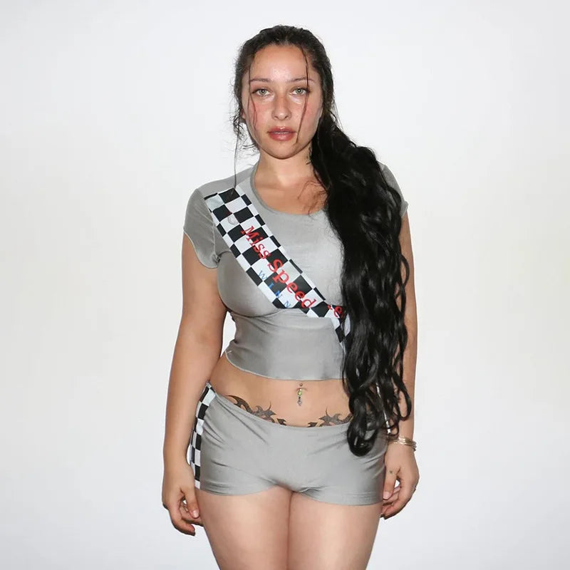 Sexy 2pc Outfit for Woman Checkered Letter Print Graphic Crop Top and Shorts Matching Sets Y2k Streetwear