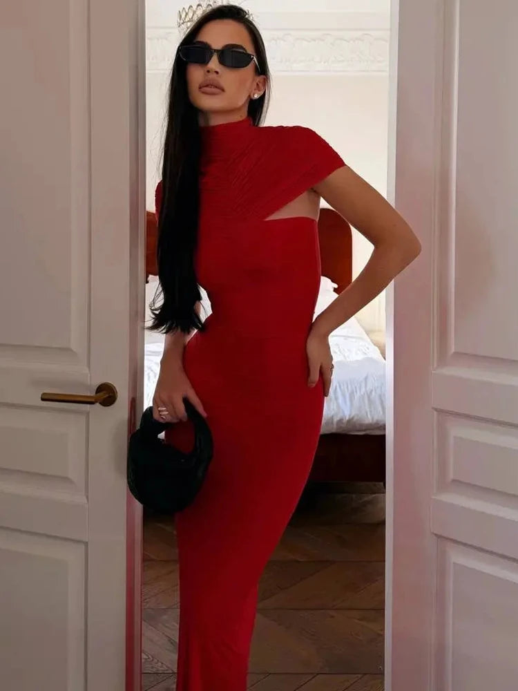 Turtleneck Short Sleeve Sexy Maxi Dress Women Elegant Draped Ruched Evening Club Party Long Dresses Female Clothes