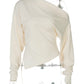 Inclined Shoulder Long Sleeve Sexy T-shirt Women Autumn Fashion Solid Skew Collar Backless Ruched Club Party T-shirts