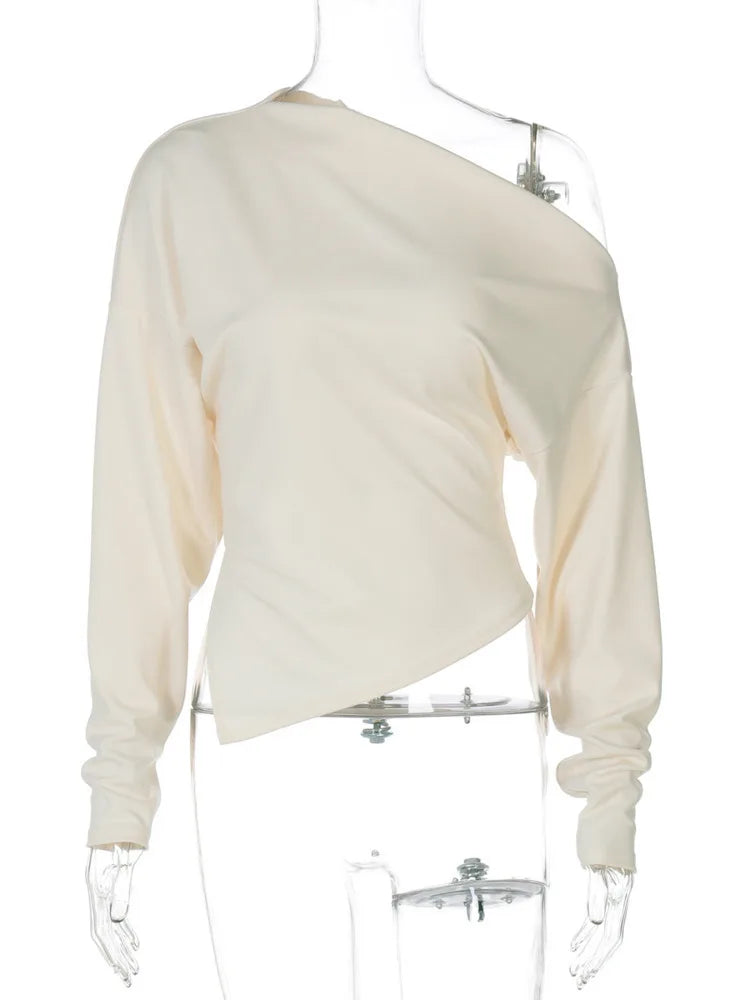 Inclined Shoulder Long Sleeve Sexy T-shirt Women Autumn Fashion Solid Skew Collar Backless Ruched Club Party T-shirts