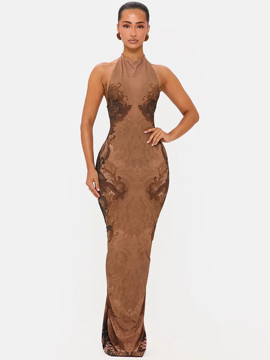 Lace Halter Backless Sexy Maxi Dress Women Elegant Floral Print Sleeveless Bodycon Club Party Long Dresses Female