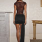 Women Black Lace Mesh 2 Piece Outfit Short Sleeve Sheer Bodysuit And Ruched Mini Skirt Sets Female Clubwear Party Set