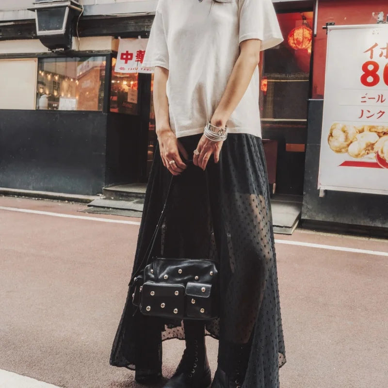 Fashion Women Sheer Skirt Y2K Polka Dot Ankle Length Long Sheer Skirt Summer Spring Casual Party Wear High Waist Skirt