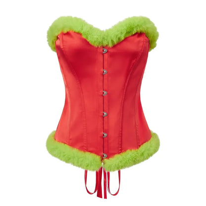 Christmas Corset Bustier Women Plush Fur Trim Strapless Tube Top Front Button Back Lace Tie Waist Cincher Party Outfit