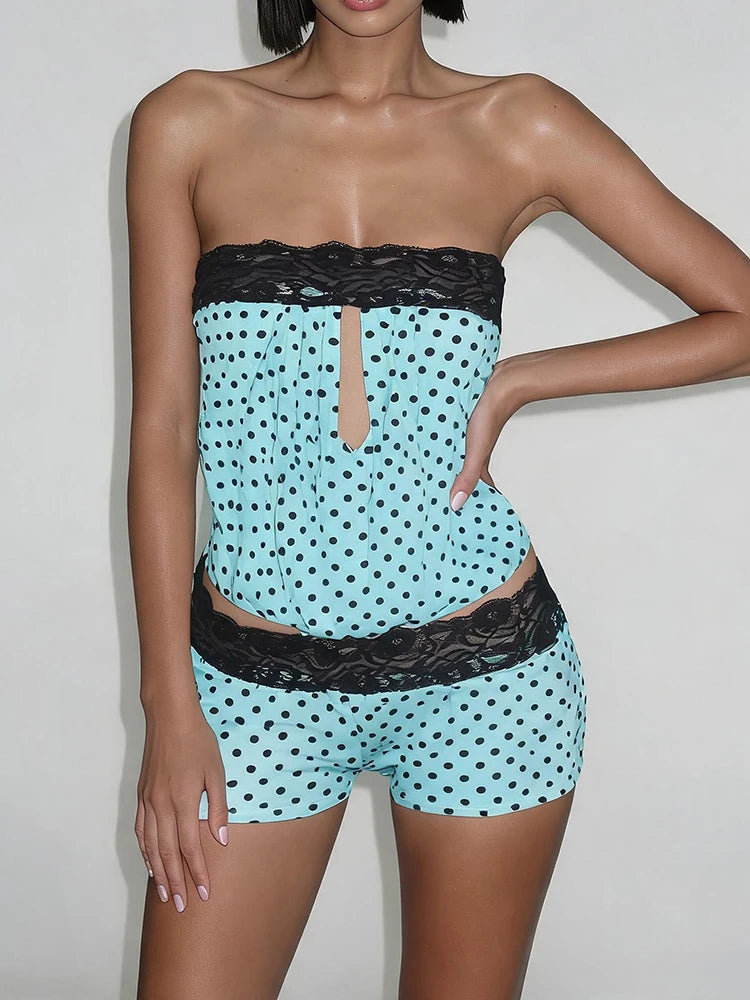 Polka Dot Print 2-Piece Set Women Patchwork Lace Hollow Tank Top+Simple Classic Short Elasticity Sexy Hottie Suit