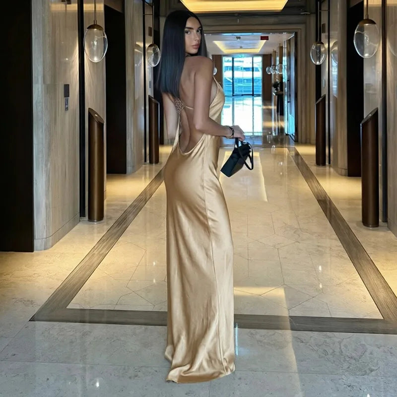 Satin Backless Maxi Dresses Woman Wedding Party Attire Elegant Sexy Birthday Dress for Photoshoot