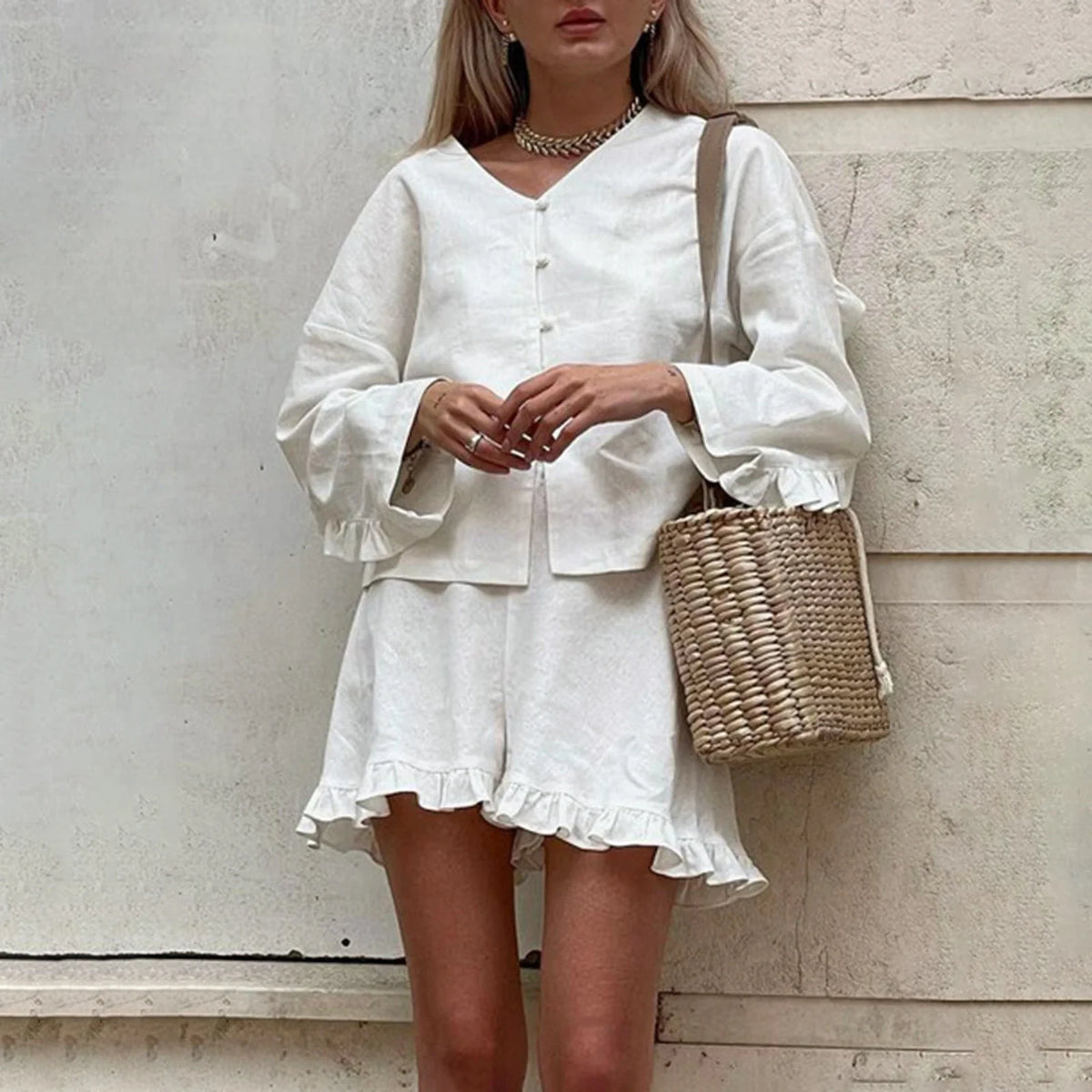 Linen Shorts Outfits Women 2 Piece Set Tie Front Long Sleeve Shirt and Ruffle Shorts Lounge Matching Set Tracksuit