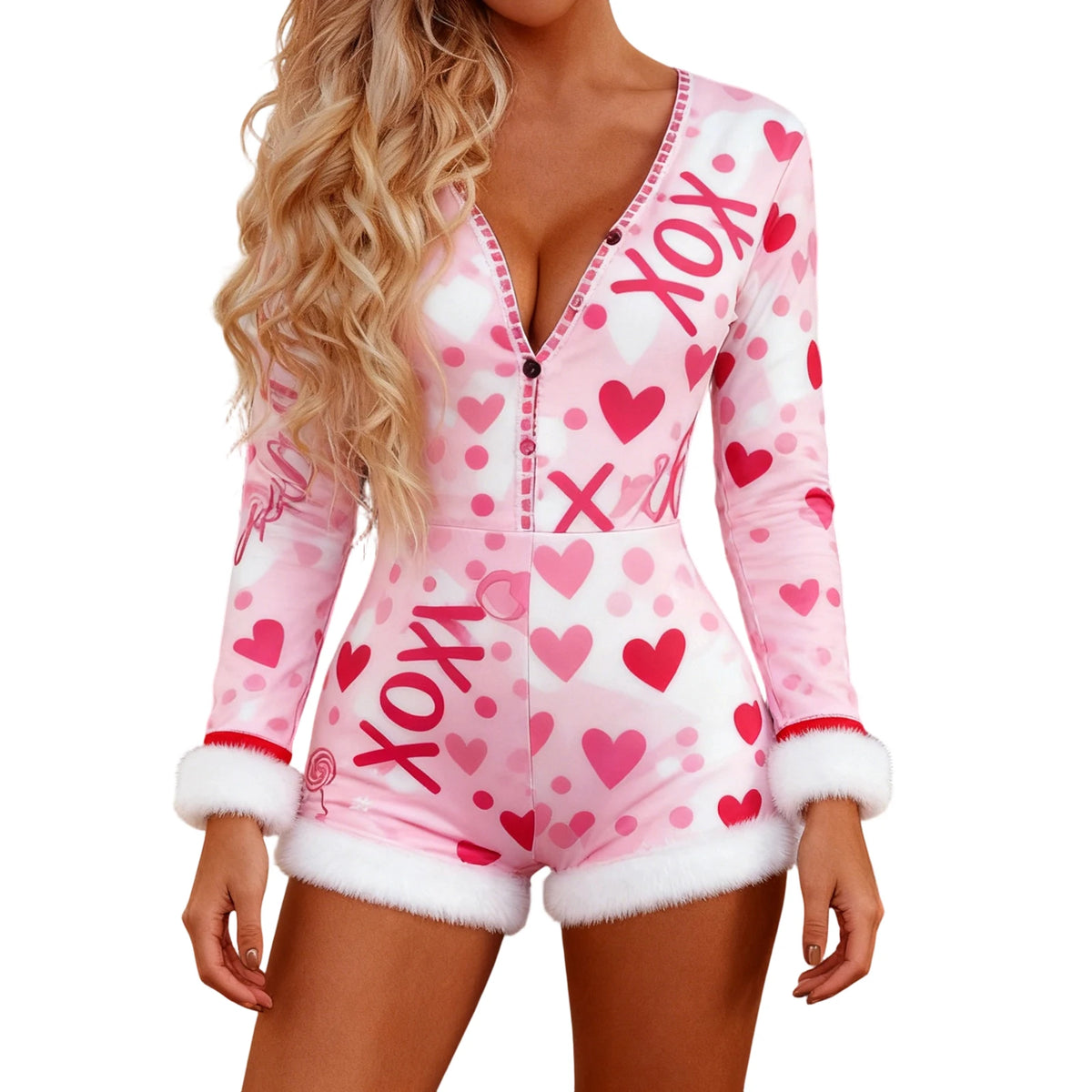 Women Valentine’s Day Romper Pajamas Sexy Ladies V-Neck Shorts Pjs Jumpsuit Bodysuit Fashion Rompers Overall Sleepwear
