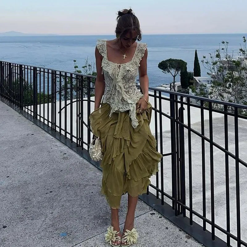 See Through Lace T Shirts Woman Sexy Irregular Ruffled Off The Shoulder Tops