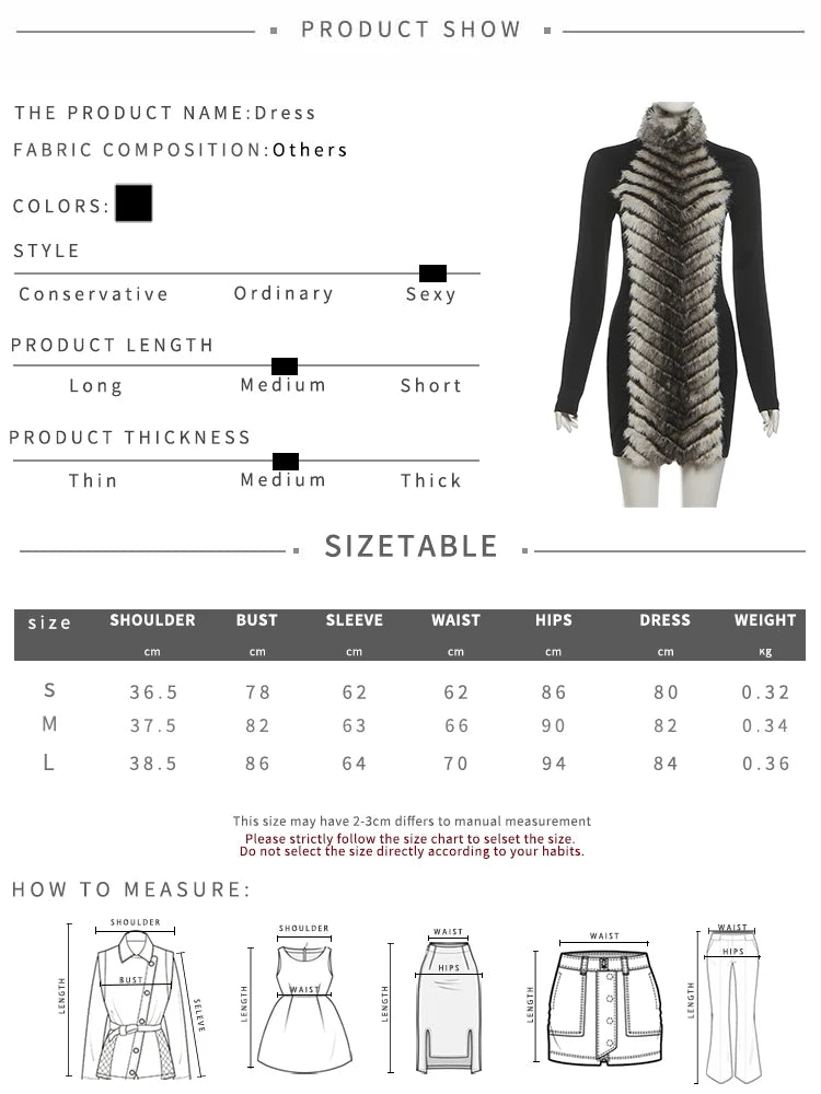Tiger-Striped Plush Dress Women Patchwork Turtleneck Full Sleeve Skinny Autumn Winter Trend Street Fashion Mini Bodycon