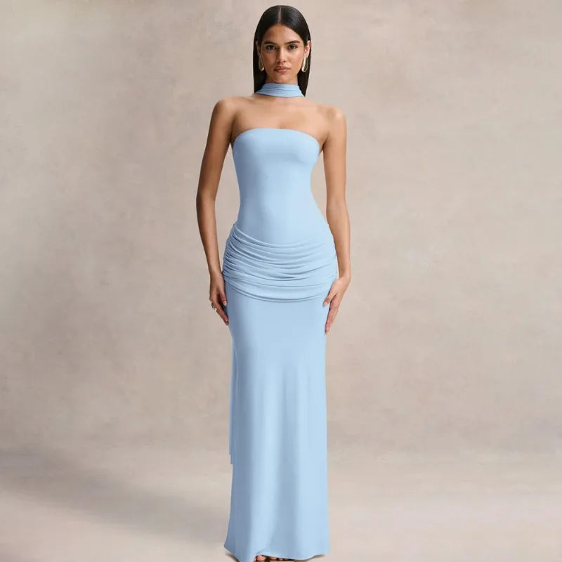 Elegant Party Evening Dresses Wedding Guest Black Strapless Maxi Dress with Draped Detailing and Scarf