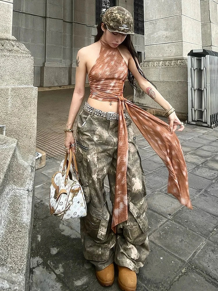 Lace-Up Tassel Tank Tops Women Y2K O-Neck Gradient Print Skinny Street Hip Hop Style Hottie Sexy Midnight Street Vest