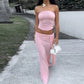 Pink Mesh Tube Top Long Skirt Suit Two Piece Set Woman Elegant Sexy Wedding Guest Outfit