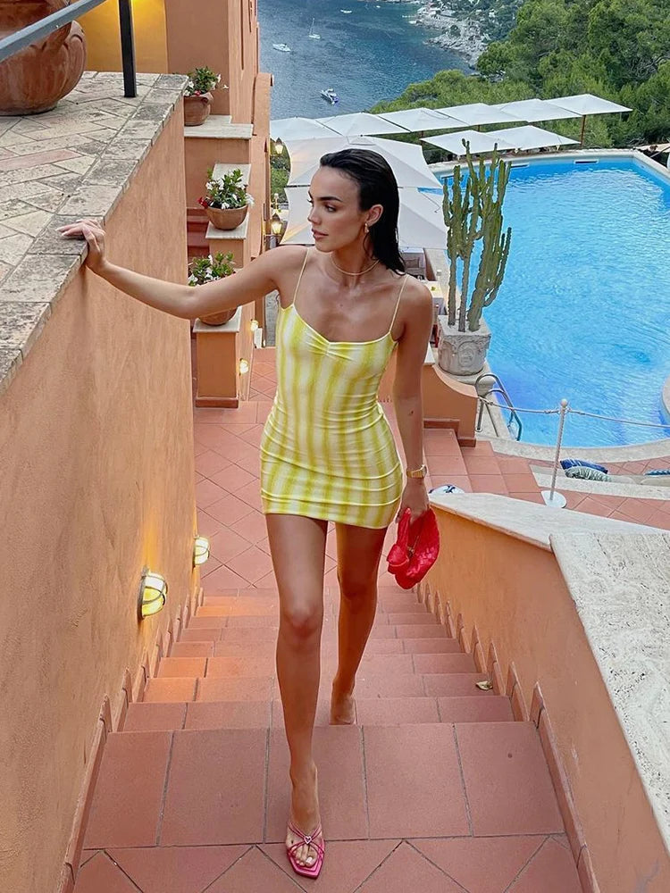 Striped Print Dress Women Spaghetti Strap 2025 Summer Trend Sleeveless Backless Pleated Beach Vacation Mini Bodycon