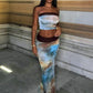Tie-dye Print 2-Piece Set Women Patchwork Strapless Tops+Straight Skirt Vacation Beach Party Skinny Matching Clubwear