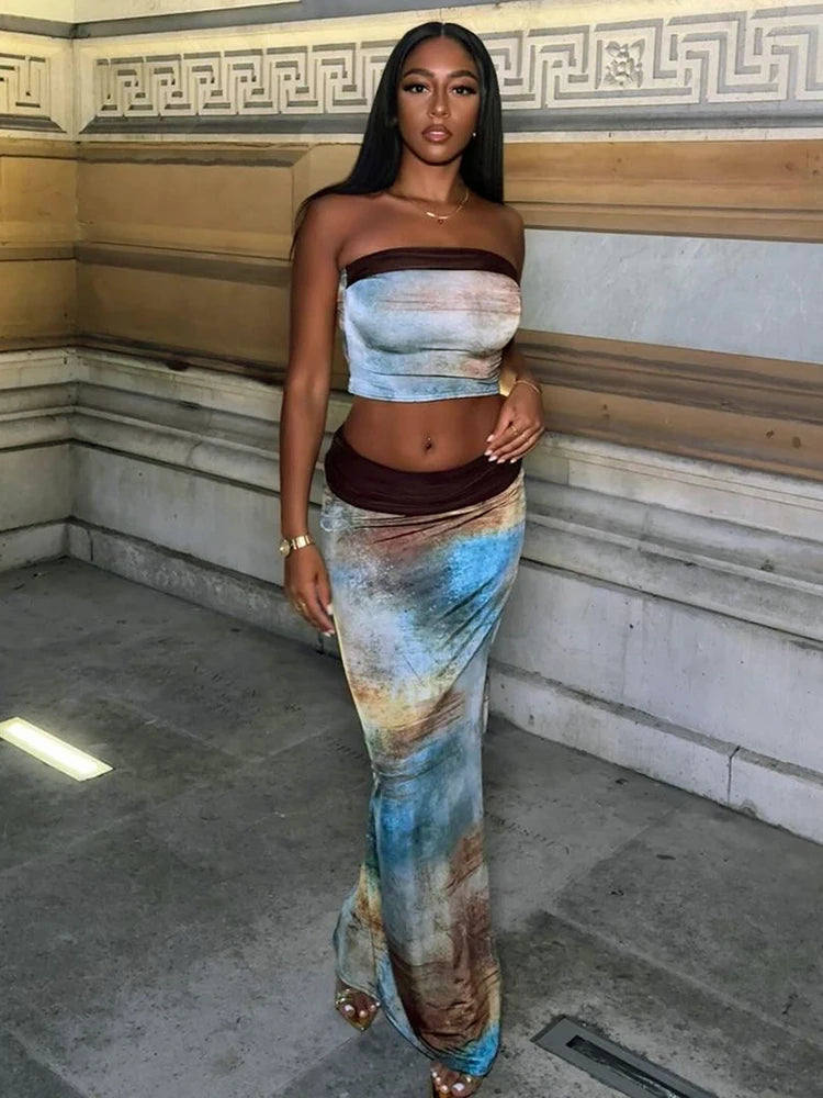 Tie-dye Print 2-Piece Set Women Patchwork Strapless Tops+Straight Skirt Vacation Beach Party Skinny Matching Clubwear