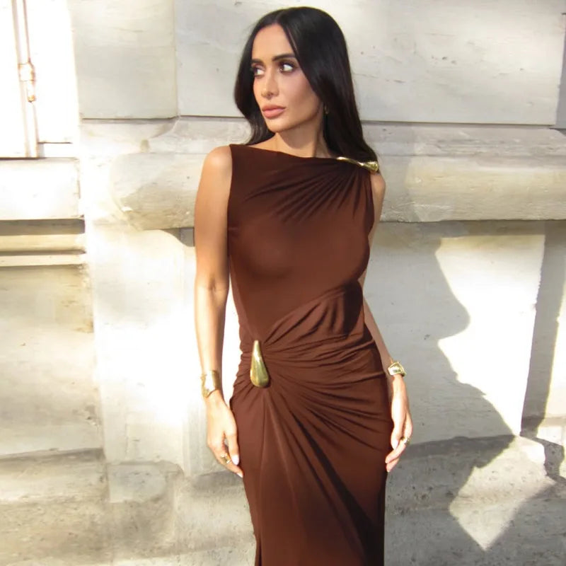 Hardwear Detail Ruched Sleeveless Long Dresses Womens Fashion Elegant Party Maxi Dress Wedding Guest