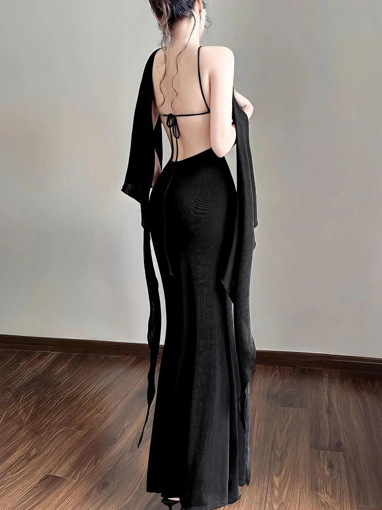 Elegant Basic 2 Piece Set Women Autumn Backless Bandages Skinny Sleeveless Dress+Shawl Birthday Party Fashion Suit