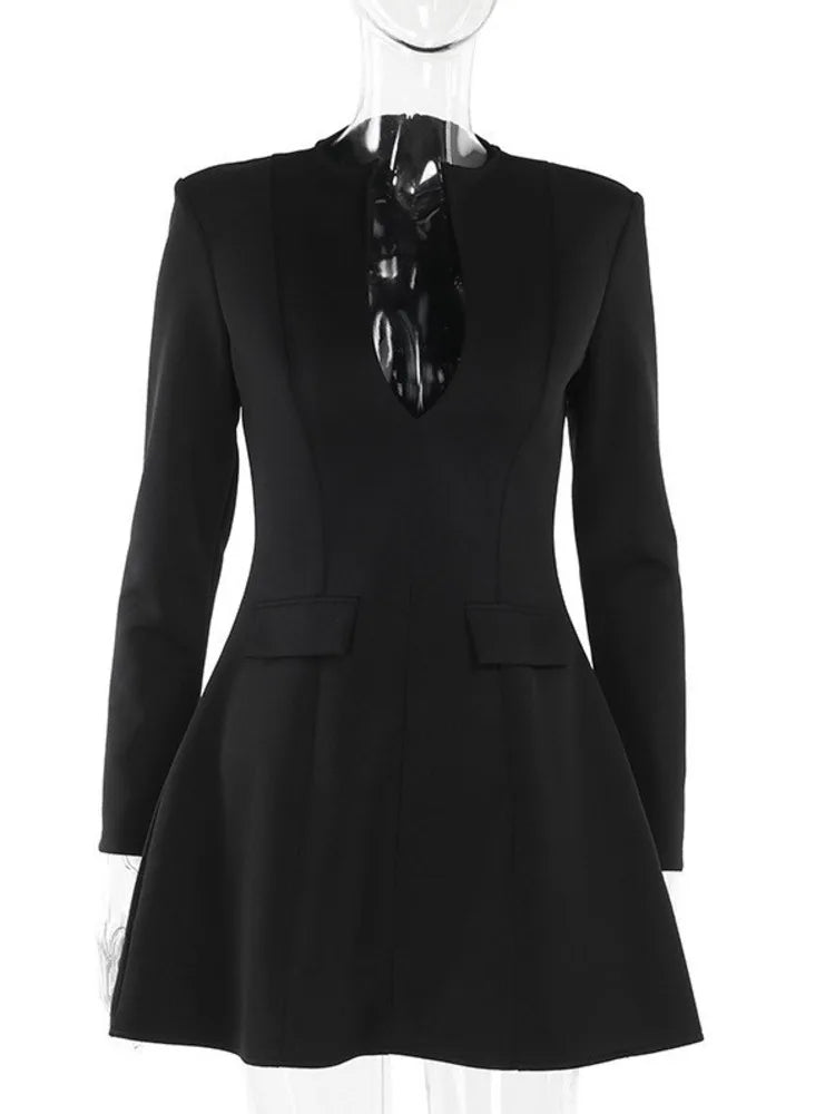 Autumn Long Sleeve Sexy Mini Dress For Women Solid Zipper Deep V Neck Two Pocket High Waist A-line Dress Femme Clothes