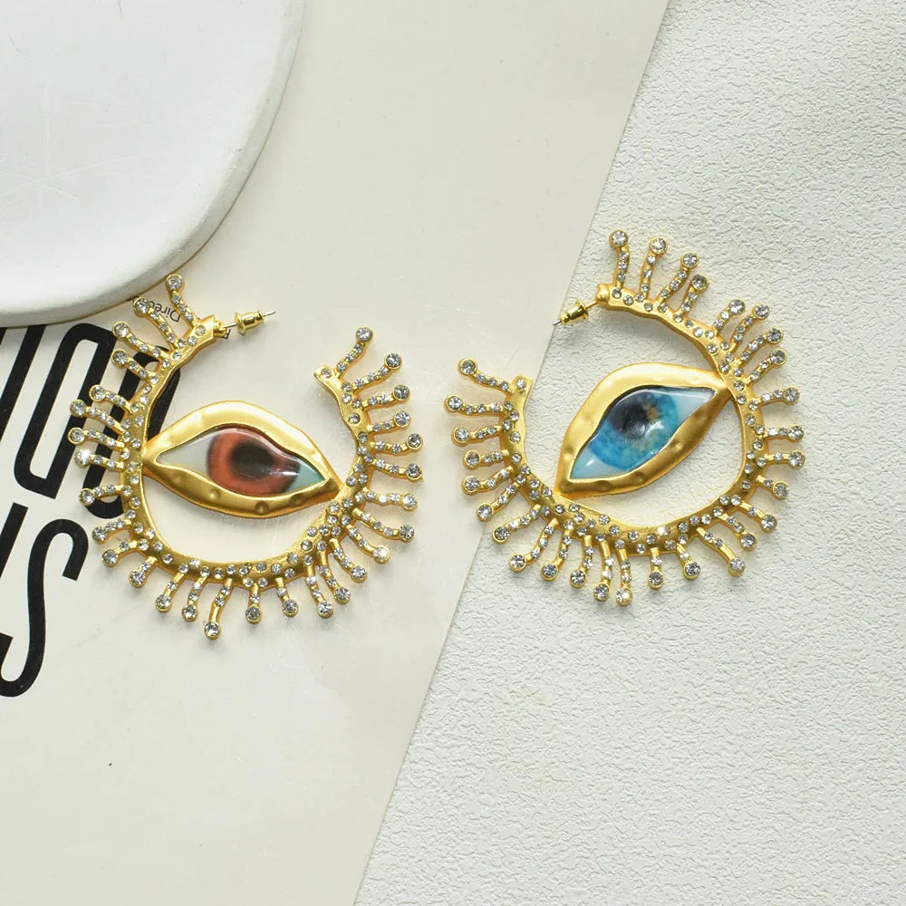 Vintage Metal Alloy With Rhinestone Big Eyes Dangle Earrings For Women Fashion Jewelry Exaggerated Lady Ears' Accessory