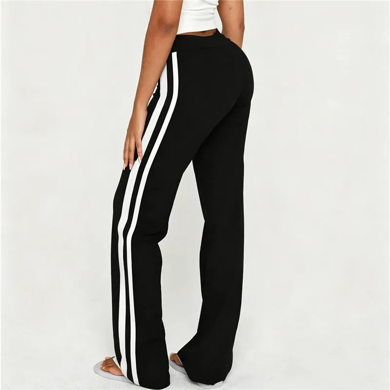 Women Side White Striped Flare Sweatpants Fold Over Waist Slim Bootcut Y2K Casual Streetwear Sports Trousers