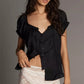 Women Cute Babydoll Lace Trim Satin Shirt Y2k Puff Sleeve Crewneck Button Front Relax Fit Baby Tee Summer Going Out Top