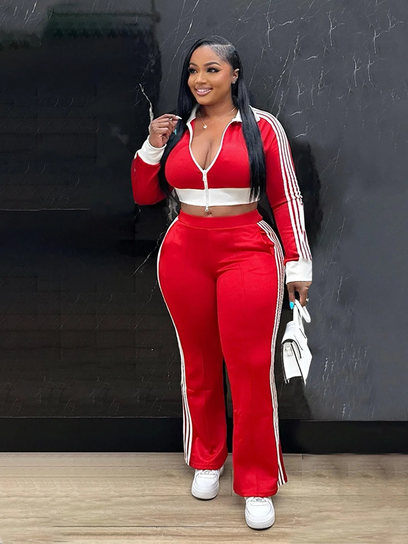 Sporty 2 Piece Set Women Tracksuit Casual Patchwork Zip Long Sleeves Crop Top+Stretch Pants Matching Street Outfits
