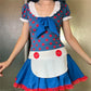 Women Polka Dot Ragdoll Cosplay Outfit Short Dress with Matching Hat and Striped Stockings Party Maid Costume