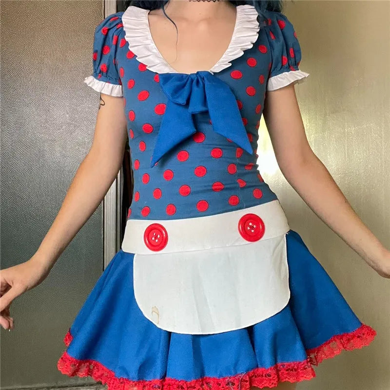Women Polka Dot Ragdoll Cosplay Outfit Short Dress with Matching Hat and Striped Stockings Party Maid Costume