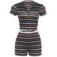 Striped Print 2 Piece Set Women Casuals Trend Zip O-Neck Short Sleeve T-Shirt+Bike Short Fashion Sporty Street Suits