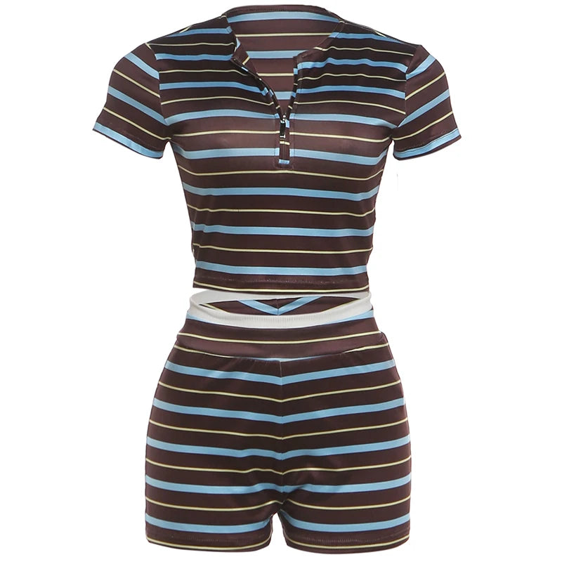 Striped Print 2 Piece Set Women Casuals Trend Zip O-Neck Short Sleeve T-Shirt+Bike Short Fashion Sporty Street Suits