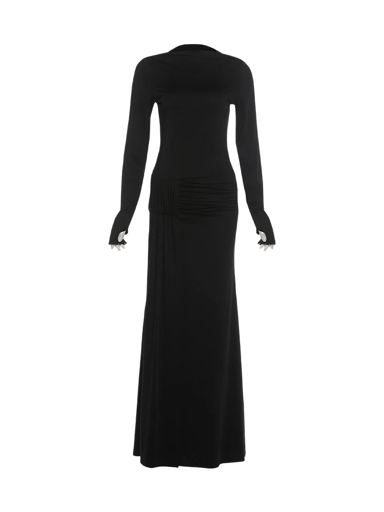 Ruched Elegant Dress Woman Autumn Trend O-Neck Full Sleeve Shape Waist Skinny Stretch Daily Casual Style Long Bodycon