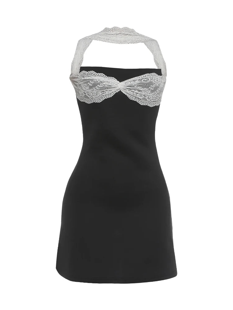 Backless Sexy Lace Patchwork Dress Women Fashion Classic Halter Sleeveless Stretch Skinny Hottie Party Club Mini Bodycon