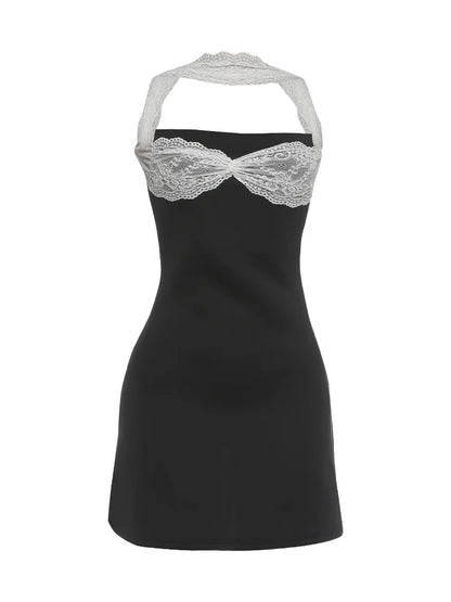 Backless Sexy Lace Patchwork Dress Women Fashion Classic Halter Sleeveless Stretch Skinny Hottie Party Club Mini Bodycon