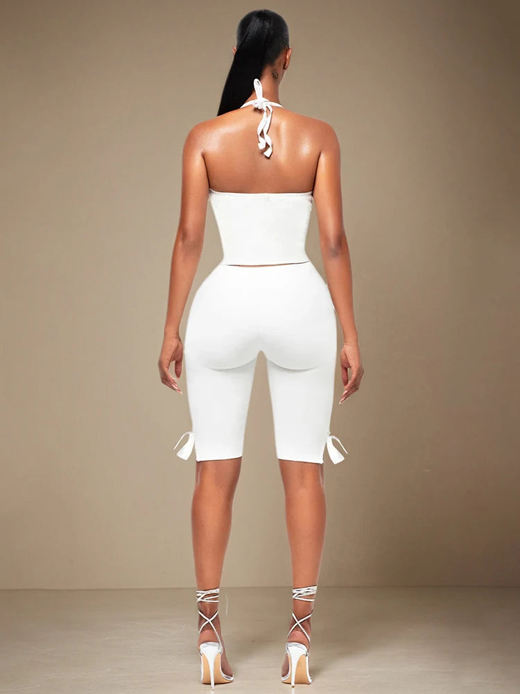 Bow 2Piece Set Women Casual Halter Backless V-Neck Tank Tops+Split Bike Shorts Sporty Stretch Solid Summer Sweatsuits