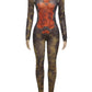 Tie-Dye Print Jumpsuit Women Fitness Stretch Tight Sexy o-Neck Full Sleeve Skinny Streetwear Autumn Zip Slim Overalls