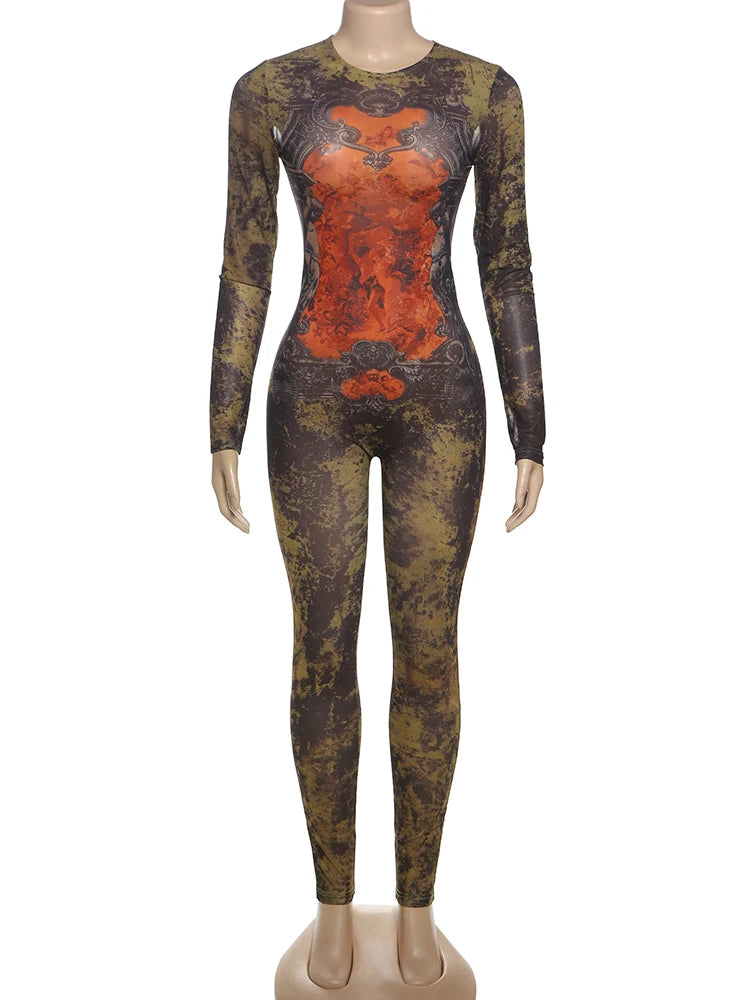 Tie-Dye Print Jumpsuit Women Fitness Stretch Tight Sexy o-Neck Full Sleeve Skinny Streetwear Autumn Zip Slim Overalls