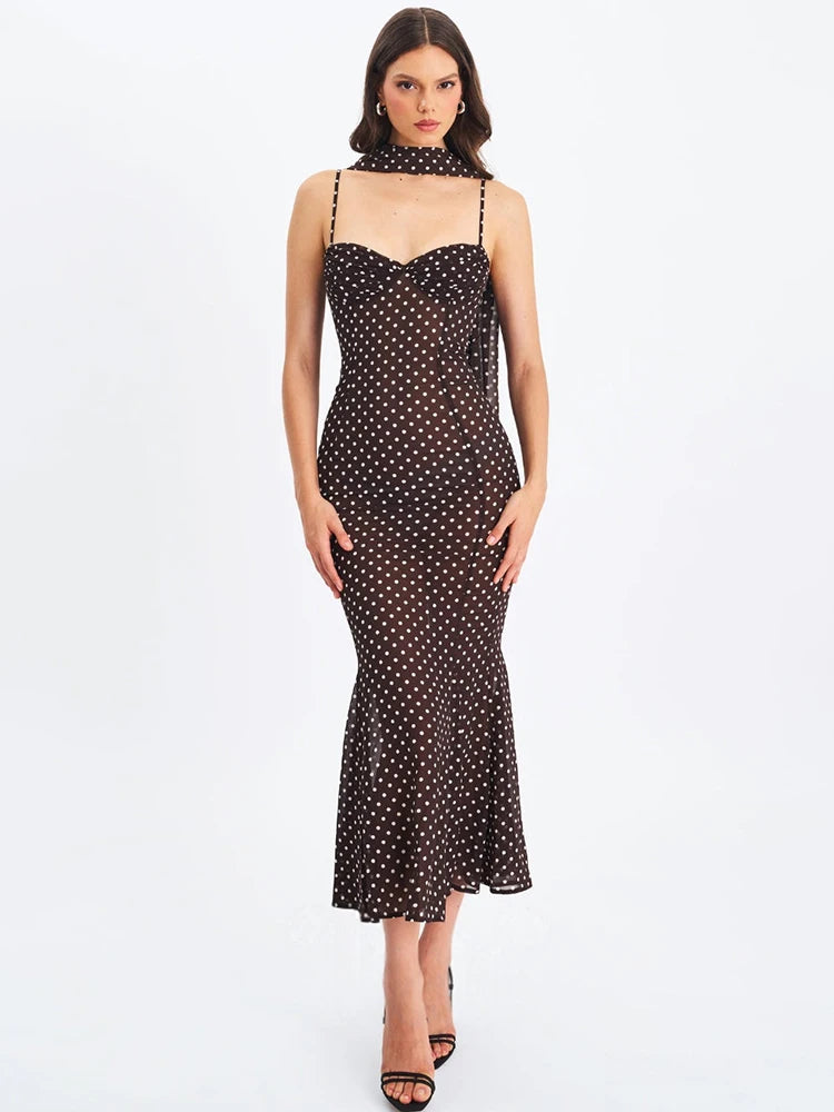Polka Dot Backless Sexy Maxi Dress Women Elegant Sweetheart Neck Spaghetti Strap Sleeveless Bodycon Club Party Dresses