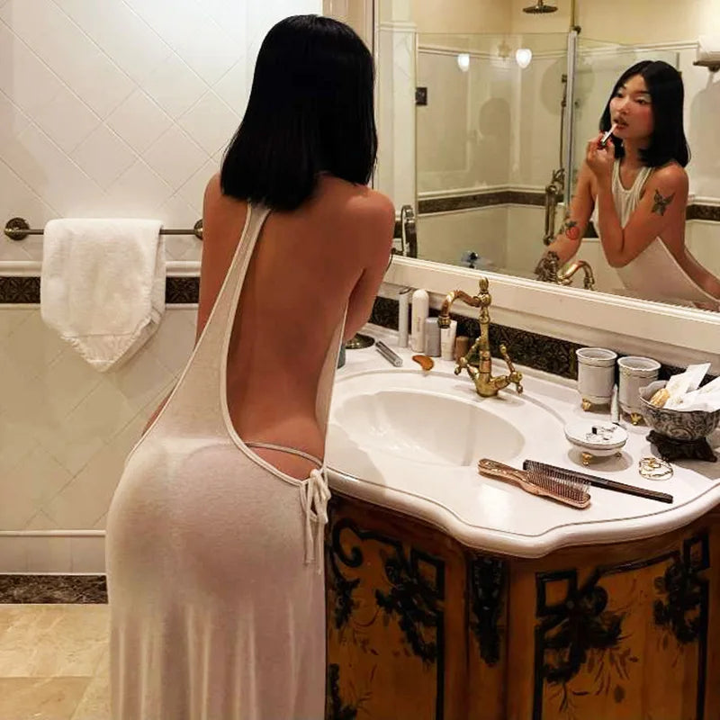 Backless Side Slit Thin Dress Women Halter Waistless Lace-Up Summer Sexy Beach Vacation Hottie Stretch Slim Clubwear