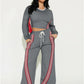 Contrast Stripe Design 2 Piece Set Women o-Neck Full Sleeve Crop Tops+Drawstring Long Pants Casual Sporty Style Suits
