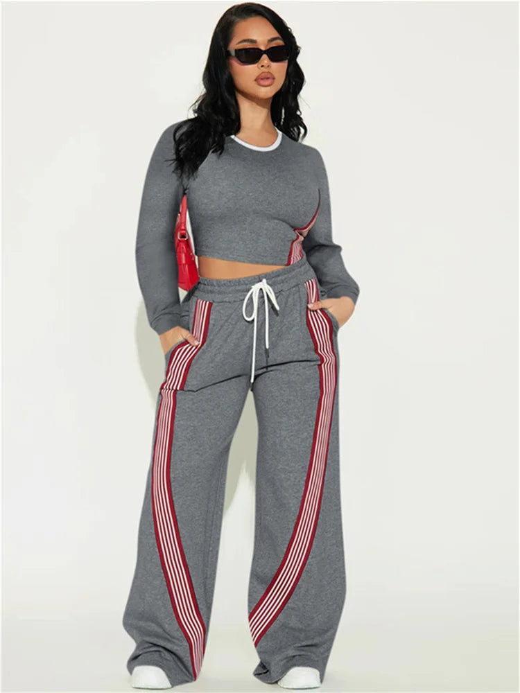 Contrast Stripe Design 2 Piece Set Women o-Neck Full Sleeve Crop Tops+Drawstring Long Pants Casual Sporty Style Suits