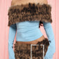 Furry Patchwork 2 Piece Set Woman Leopard Print Slash Neck Full Sleeve T-Shirt+Rhinestone Decoration Mini Shorts Suit