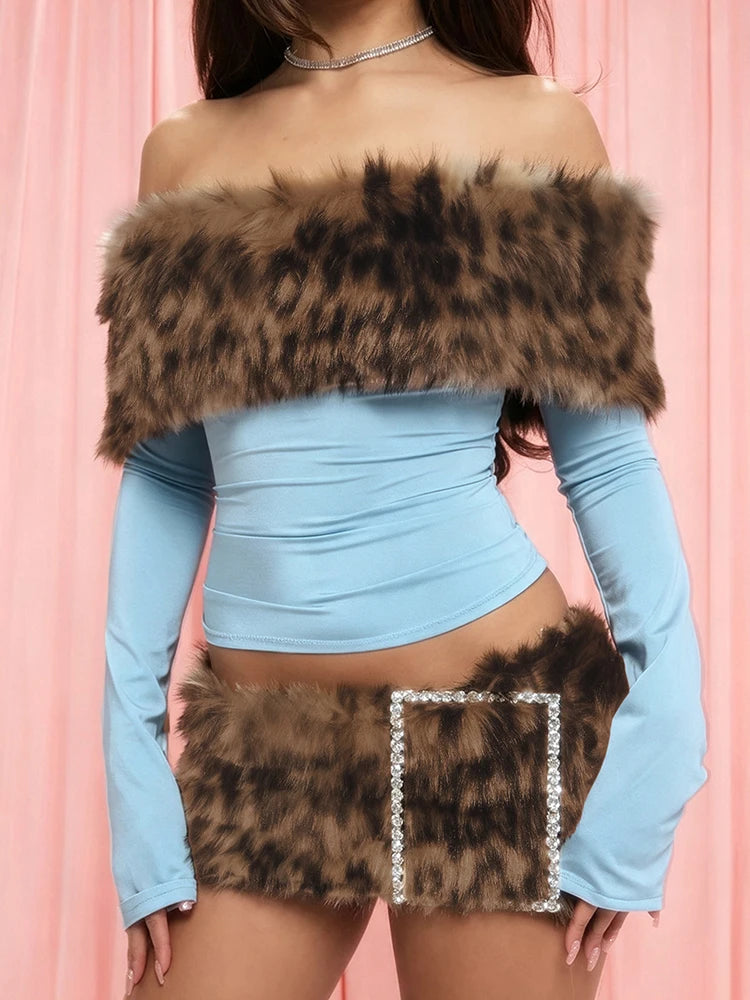 Furry Patchwork 2 Piece Set Woman Leopard Print Slash Neck Full Sleeve T-Shirt+Rhinestone Decoration Mini Shorts Suit