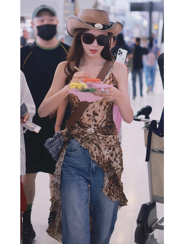 Sexy Leopard Slip Dress Women Irregular Seashell Ruched Tail Swing Skinny Club Beach Vacation Music Festival Bodycon